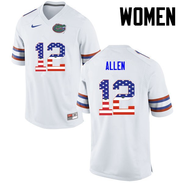 Florida Gators Women #12 Jake Allen College Football Jersey USA Flag Fashion White